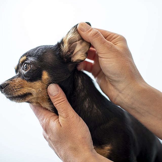 Veterinär tittar i en chihuahuas öra.