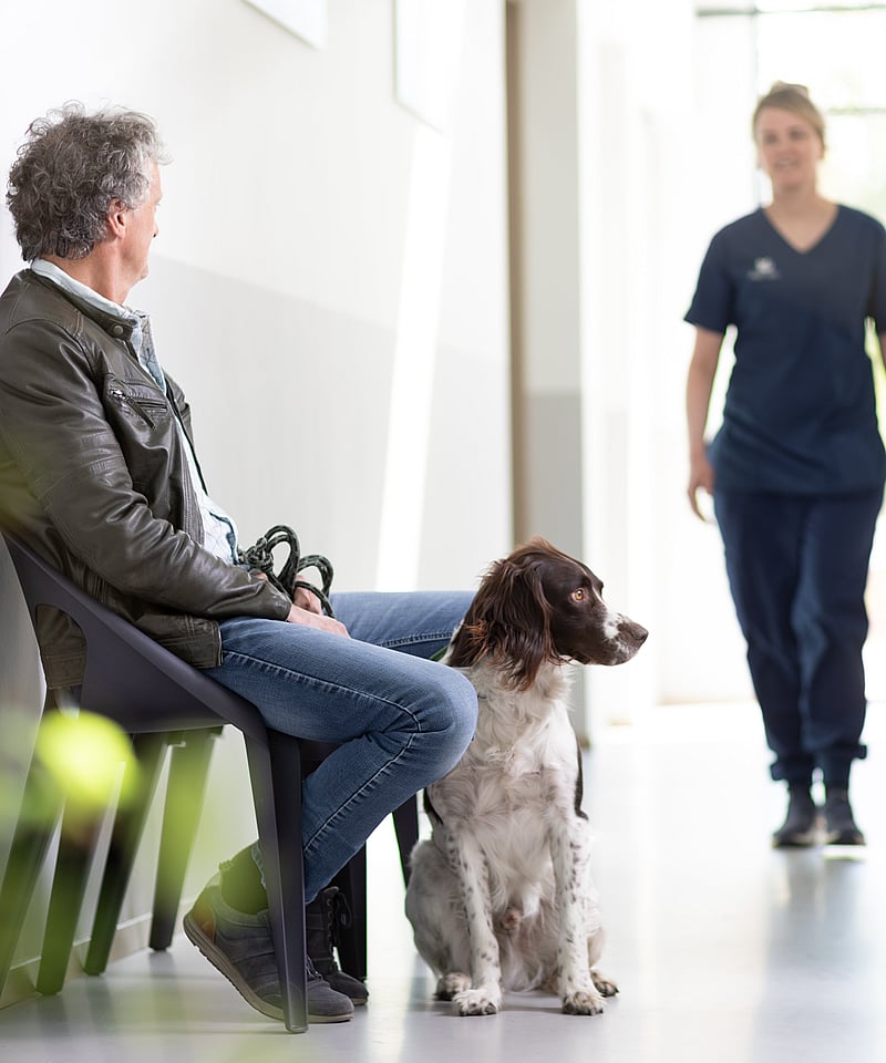 En man sitter med sin hund och väntar på veterinären.