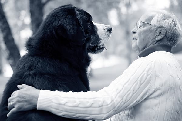 En äldre man med glasögon kramar om en stor svart hund.