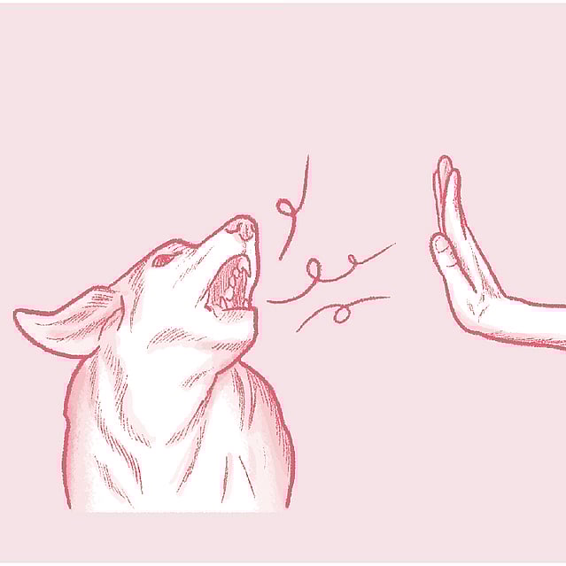 Röd teckning på en hunds huvud med öppen mun, streck som kommer ur dens mun och en hand som säger stopp.